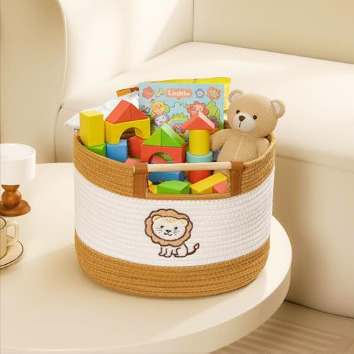 Tidelit Canastas de cuerda de algodón para niños, juguetes de peluche para guardería, cestas de bebé para regalos vacías, cesta tejida con asas de madera, manta, toalla, juguetes, contenedores de