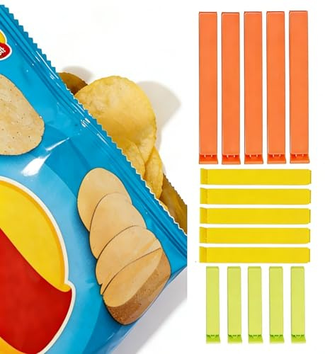 FOFAI Food Bag Clips for Storage: 15Pcs Reusable Food Clips Bag Sealing Clips in 3 Assorted Sizes and Colors, Heavy Duty Plastic Kitchen Clips for Freezer Bags, Snacks Chip Bags Pegs for Storage