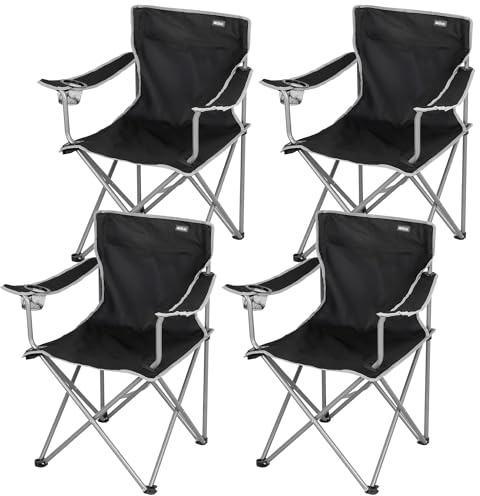 AKTIVE Pack 4 Sillas Plegables de Camping, Negras, Estructura de Acero, Asiento Poliéster, Portavasos Integrado, 48x45x80 cm, Soporta 100 kg