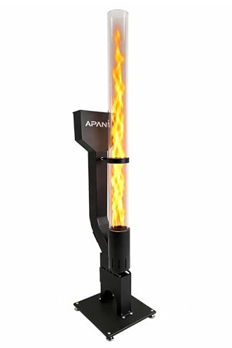 APANA Pelletfackel Flame Feuerrohr für Holzpellets Outdoor Feuerfackel Gartenfackel mit hitzebeständiger Glasröhre bis 450°C, Stahl schwarz pulverbeschichtet, Schaufel-Abdeckung für sauberes Befüllen