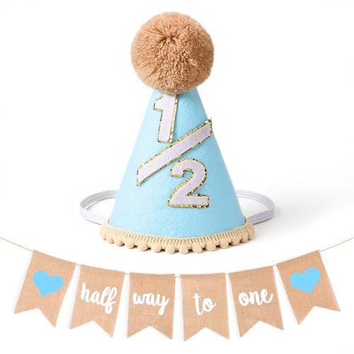 Tucnoeu Half way to One 6 Monate Deko 1/2 Geburtstagshut und Banner Blau | 1/2 Geburtstag Geburtstagskrone mit Pompons, Foto-Requisiten für Jungen und Mädchen, Babyparty-Deko