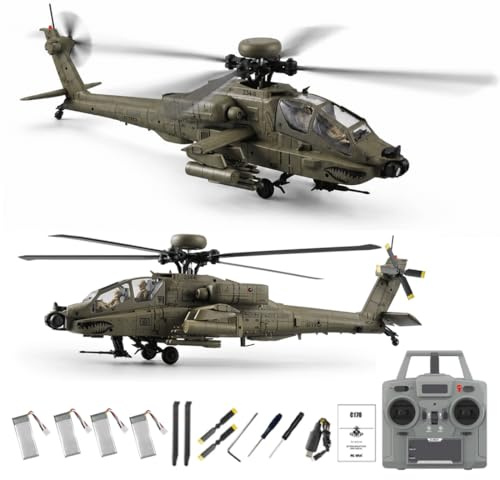 TENIREALX RC-ERA C170 1:48 AH-64D RC Militär Hubschrauber, 6-Kanal Flugzeug Mit Optical Flow Positionierung, Brushless Antrieb Höhenhaltung, Inverted Flight Fernsteuerung Helikopter –4 Akku/Armeegrün