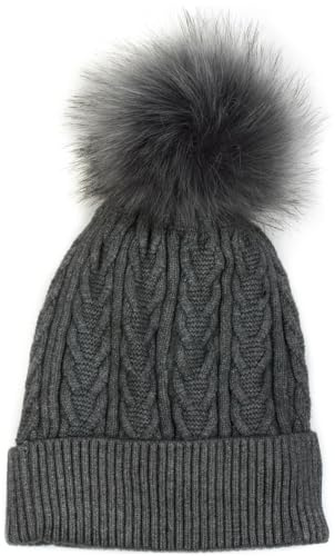 styleBREAKER Damen Bommelmütze Zopfmuster Kunstfell Bommel | Wärmendes Thermo-Fleece Innenfutter, 20 cm Bundweite für 59 cm Kopfumfang dehnbar, künstlicher 10 cm Pompon (Polyester)