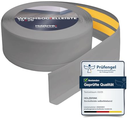 HOLZBRINK Weichsockelleiste selbstklebend PVC 70x20mm, 5 m | Winkelleiste selbstklebend für Kantenschutz | Sockelleiste Ecken PVC | Farbe: Grau