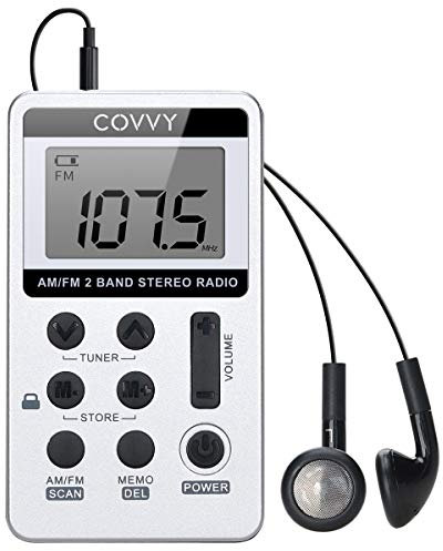 COVVY Radio Pequeña Portatil, Mini Radio de Bolsillo Pocket Am/FM 2 Bandas de Radio Estéreo DSP Digital Tuning Receptor con Pantalla LCD USB Recargable y Auricular para Caminar White