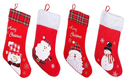 Nikolausstiefel Weihnachtsstrümpfe aus Plüsch (4Stk) - Ca.40cm Strümpfe zum Befüllen und Aufhängen mit Schneemann und Weihnachtsmann – Nikolaussocken Merry Christmas kariert Nikolausstrumpf Kamin Deko