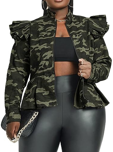 LifeShe Women's Zip up Ruffle Sleeve Peplum camo Jacket Blazers (Green, M)