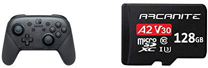Nintendo Switch Pro Controller + ARCANITE 128 GB microSDXC-Speicherkarte mit Adapter, A2, UHS-I U3, V30, 4K, C10, microSD, Lesegeschwindigkeiten von bis zu 95 MB/s.