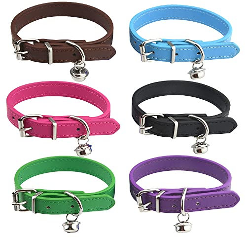 XINGYHENG 6Pcs Leather Pet Collars with Bell Adjustable 20-28cm Soft Identification Leather Cat Collar for Puppy Kittens Cats