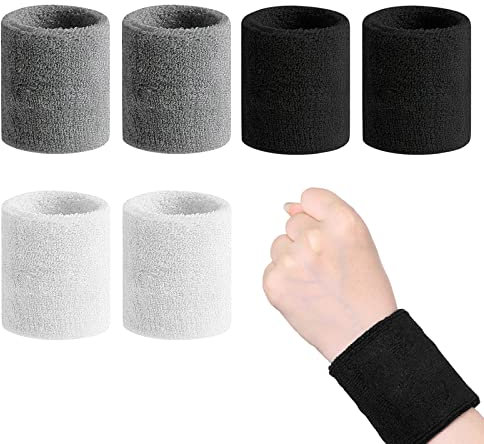 Schweißband, 6 Stück Sport Wristbands, Atmungsaktiv Schweissband Handgelenk, Schwarz, Weiß, Grau