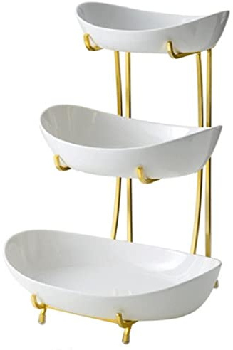JUNYFFF Frutero De 3 Pisos Cerámica, Cesta De Frutas Cocina Mostrador Y Organizador para Verduras Y Frutas, Metal Soporte De Frutas con Cuencos, Fruit Basket para Verduras, Frutas, Aperitivos,Blanco