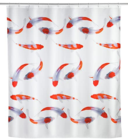 WENKO Duschvorhang Nagoya, 180 x 200 cm, Vorhang aus 100% Polyester mit Metallösen & Gummi-Gewichtsband für Dusche und Badewanne, wasserabweisend & waschbar, inkl. 12 weißen Duschvorhangringen