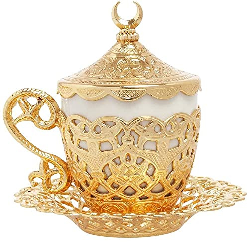 Alisveristime (1 × türkische Kaffeetasse - traditionelles Design mit Halbmond-Motiv, Porzellantasse und Untertasse für Kaffee und Espresso (Gelincik) (Gold)