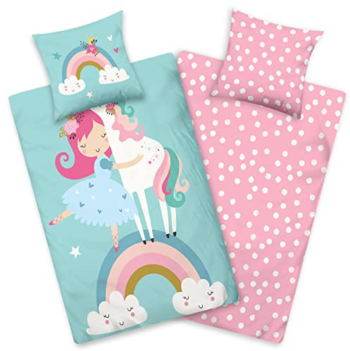 Aminata kids Bettwäsche Einhorn 135-x-200 Mädchen Kinder Baumwolle Jugendliche Teenager - Einhornbettwäsche mit Reißverschluss - Einhorn-Motiv - Kinder-Bettwäsche-Set - Pferde-Motiv, beige