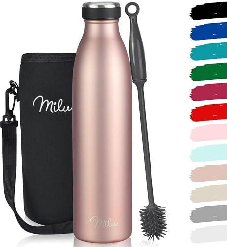 Milu Edelstahl Trinkflasche 350ml 500ml 750ml 1L 1,5L Thermosflasche Isolierte Wasserflasche Auslaufsichere Isolierflasche doppelwandig Kohlensäure geeignet – inkl. Reinigungsbürste (Rose Gold, 1L)