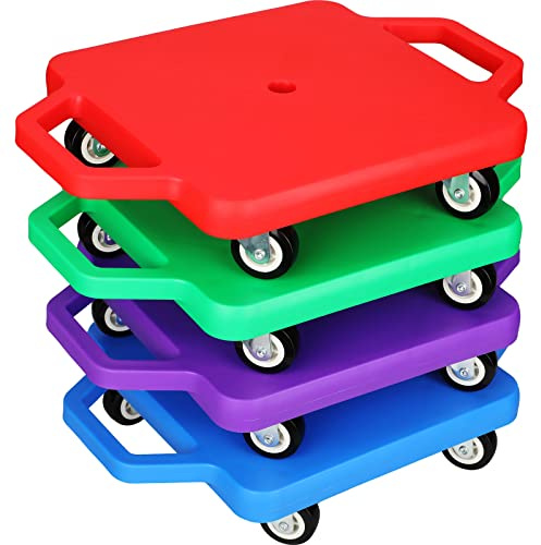 Jerify 4 Pieces Sports Scooter Board with Handles Plastic Casters Floor Sitting Scooter Boards for Kids Children Gym Indoor Outdoor Activities Play Equipment, 11.22 x 11.22 inch(Multi Colors)