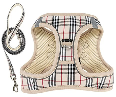 YUDOTE Step in Welpengeschirr und Leine, britischer Stil, kariert, mit Frontclip für extra kleine Hunde und Kätzchen, XS, Beige