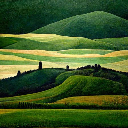 Quadro composito di alluminio 70 x 70 cm: noto paesaggio toscano, con campi di grano, cipressi e case sulle colline al tramonto. rurale(191843269)