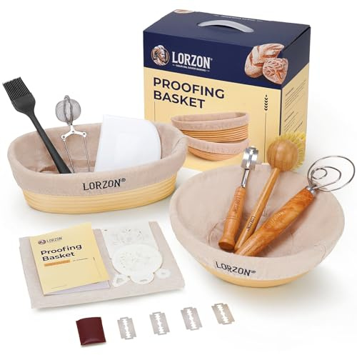 Clearance Final Stock - Lorzon Banneton Bread Proofing Basket Gift Set of 2 (10 Round & Oval Rattan) - Sourdough Bread Baking Supplies Making Tools with Bakers Couche & Sourdough Starter Kit