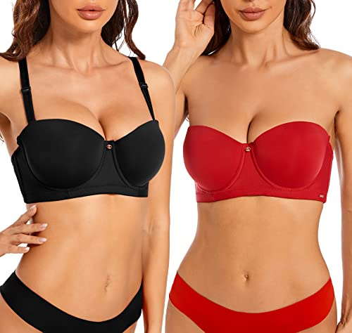SHEKINI Sujetador balconette para mujer, sin tirantes, push up, con aros, tirantes extraíbles, paquete de 2, 1 negro y 1 rojo, 100B