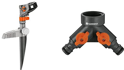 Arroseur-Canon sur pic Comfort de Gardena : arroseur de Grande Surface pour l'arrosage de Surfaces de 75 à 490 m² & Vanne à 2 Voies: Distributeur d'eau pour Robinet avec Filetage de 26,5 mm