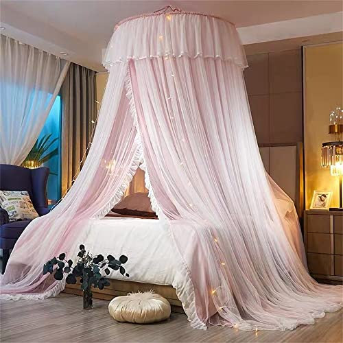 Surwin Double Layer Bed Canopy for Girls Boys Universal Mosquito Mesh Net with Lace Easy Installation Large Dome Hanging Net for Single Double King Size Beds (Light Pink)