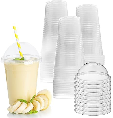 Zuvo Plastic Smoothie Cups with Dome Lids - 16 OZ (Pack of 50) - Strong Clear Plastic Cups for Milkshakes, Smoothies, Iced Coffee, Slusly and Bubble Tea - 100% Reusable Cups