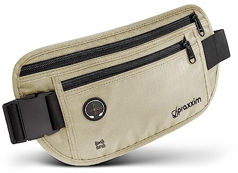 praxxim La riñonera para viajes – resistente al robo con protección RFID – Riñonera extraplana debajo de la ropa portátil – Riñonera – Riñonera – Riñonera de viaje – Cinturón de dinero para hombre y