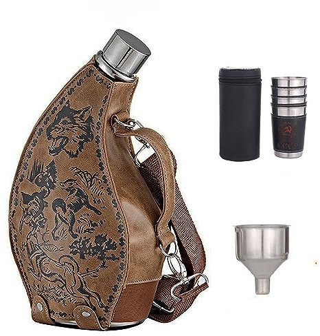 Ensemble de Flasques Portables en Acier Inoxydable Flacon à Whisky en Forme de Corne Flacon à Liqueur de Grande Capacité avec Étui Amovible, Entonnoir, Tasse de 70 Ml,Wolf