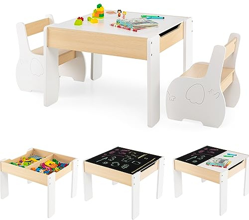 COSTWAY 4 en 1 Table Enfants avec 2 Chaises en Forme d'Eléphant, Table et Chaises en Bois avec Tableau Amovible, Espace de Rangement, Bureau pour Dessiner Jouer, Charge 30kg pour 3-6 Ans (Blanc)