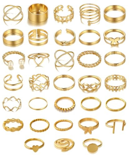 Uwiyo 33 Stück Gold Ringe Set - Vintage Finger Ring Schlange Schmetterling Herz Twist Offene Knoten Stapelbare Knuckle für Frauen Mädchen
