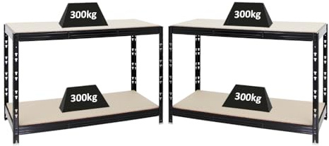 PROREGAL Mega Deal 2X Werkbank Tiger | 300 kg pro Fachboden | HxBxT 90x140x60cm | Schwarz | Höhenverstellbar Werktisch Arbeitstisch Steckmontage Packtisch