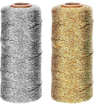 JIHUOO 2 Rolls 1.5mm Thin Metallic Cord Tinsel Cord Rope Christmas Twine Ribbon Ornaments Hanging String Gift Wrapping Twine String Hair Braiding Rope Bracelet Beading Thread Golden and Silver