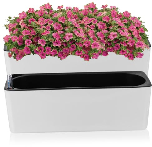Macetas De Riego AutomáTico 2 Piezas Maceta Rectangular De PláStico con Indicador De Nivel De Agua Macetas De JardíN Maceteros para AlféIzar De Ventana Interior con Orificios De Drenaje