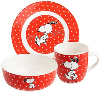 United Labels The Peanuts - Set da colazione Snoopy, 3 pezzi, colore: Rosso con pois, in porcellana con piatto Ø 19 cm, tazza da 220 ml e ciotola da 330 ml