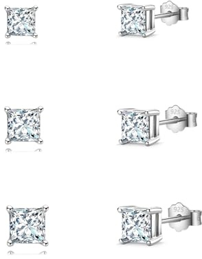 HinDaLi 3 Pares Pendientes Plata de Ley 925 para Hombre y Mujer: Cuadrados, Diamante Pequeños, Botón y Circonita Pendientes, Aretes