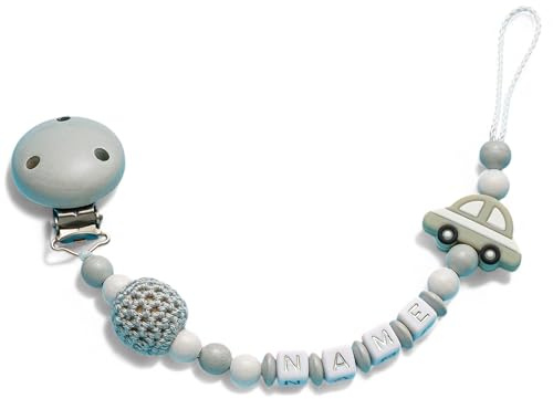 Schnullerband mit Namen für Mädchen & Junge mit Ihrem Wunschnamen - verschiedene Modelle - in DE erstellt (Grau (Auto))