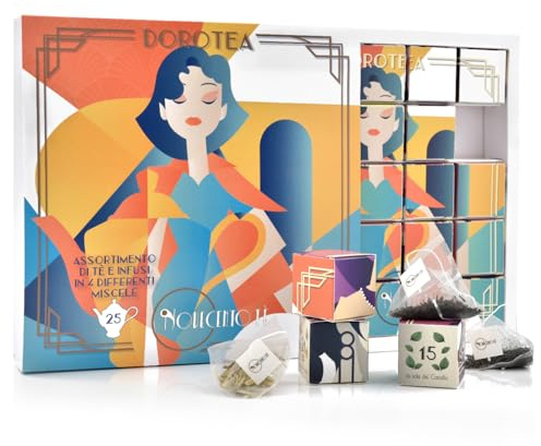 Novecento Tè® Dorotea | Caja de degustación | Set de regalo: Té negro BOP, Oolong, Verde Gunpowder, Infusión Digestiva – 25 infusores