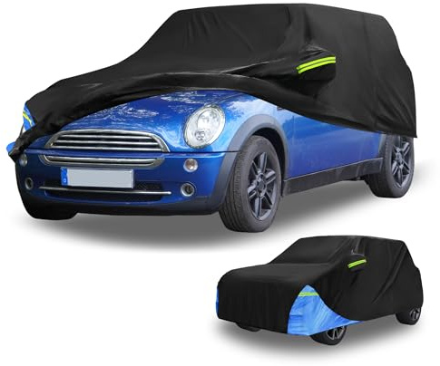 Partuto Car Cover for Mini Cooper 2DR 210D w/Left Side Zipper Black & Blue | Outdoor Waterproof All Weather 210D, UV Sun Rain Protection, with Left Side Zipper