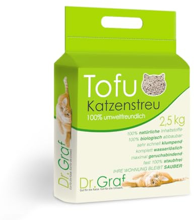 Dr. Graf Tofu Katzenstreu, 100% natürlich, Innovative Klumpstreu, geruchsfrei, komplett wasserlöslich， biologisch abbaubar, staubfrei，Extrem Saugfähig und schnell trocknend (Gewicht: 2,5KG)