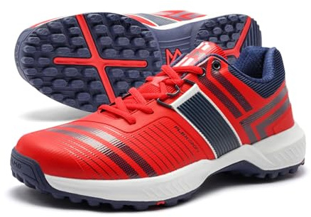 SOLM8 S8 Cricket Shoes with Rubber Spikes – Performance Cleats for Men on Outdoor Turf/Grass, Featuring Wide Toe, Speed-Fit Lacing and New Gel Cushioned Insole Red Navy