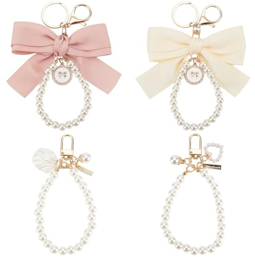 GORGECRAFT 4 Stück 4 Stile Perlenkette Schleife Schlüsselanhänger Weiße Kunstperlen Kette Armband Schlüsselanhänger Mit Goldenem Drehverschluss Rucksack Schlüsselanhänger Charm Zubehör Für Schlüsselri