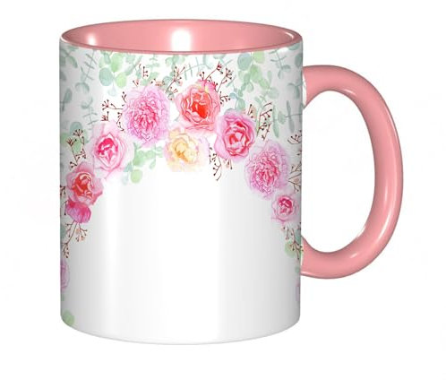 EKLMPS Tazza grande per caffè e tè a colazione - idee regalo per uomo e donna - in porcellana, 330 ml (11oz),Decorazione Shabby Chic, ghirlanda floreale in rose da sposa romantiche a metà fioritura,