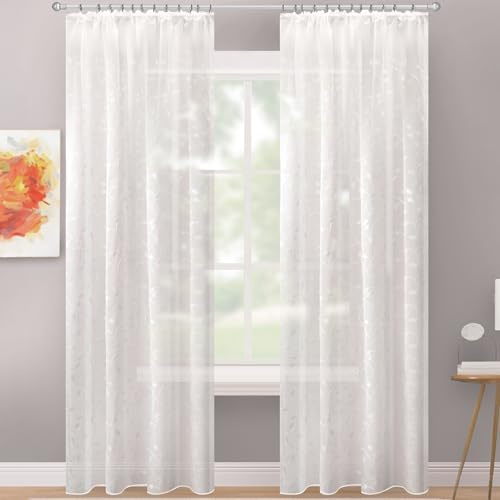 Delindo Lifestyle Gardine mit Kräuselband, 140x245 cm, halbtransparent, dezentes Blattmuster in weiß, 2er Set