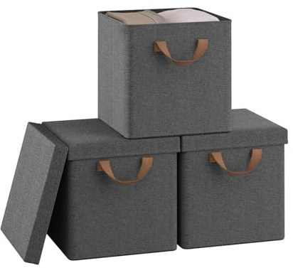 WOLTU Faltbare Aufbewahrungsboxen 3 Stück,mit Deckel,Grau, 27x27x27cm | Stoffboxen，Metallrahmen，Aufbewahrungswürfel für Wohnzimmer, Schlafzimmer, Arbeitszimmer, Mehrzweck,