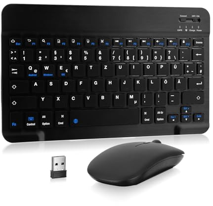 MAYPHY Tragbare Bluetooth-Tastatur und -Maus, wiederaufladbare Mini-Tastatur, kabellose Tastaturen für iPad/Tablets/iOS/Android/Windows, Deutsches QWERTZ-Layout, Schwarz