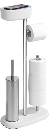Yellowshop – Piantana Porta Rotolo Wc da Terra 4 in 1 Lark con Porta Salviette, Porta Cellulare, Multifunzione con Scopino in Acciaio Inox, Scorta Rotoli e Contenitore. (Bianco)