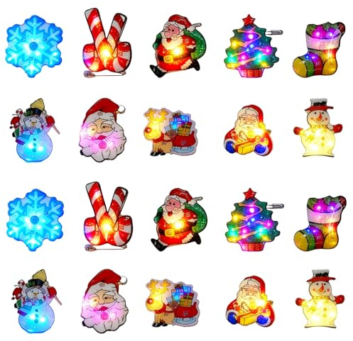 Weihnachtsbrosche,YouYuer 20PCS LED Weihnachten Broschen Pins,Beleuchtete Weihnachtsanstecker Weihnachtsmann Schneemann Schneeflocke Weihnachtsfeier Gefälligkeiten für Weihnachtsdekorationen