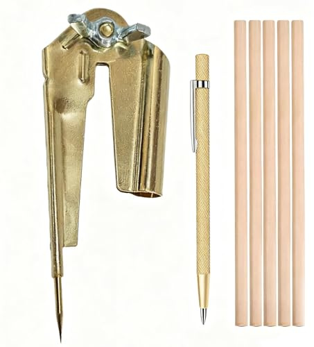 COZERI Compass Measuring Tool with Marking Pen + 5pcs Pencils – Woodworking Scribing Circle Drawing Gold Carpenters Accurate Compass Tool, Marking Pencil, U Scribe Jig for Drawing, Drafting, Geometry