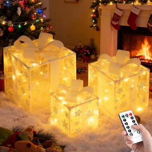 FainFun Set di 3 Pacchi Regalo Luminosi Natale, Luci Scatola Regalo Natalizie con Telecomando e Timer, Pacco Natalizio Luminoso per Alberi di Natale, Davanzali, Balconi e Giardini(Fiocchi di neve)